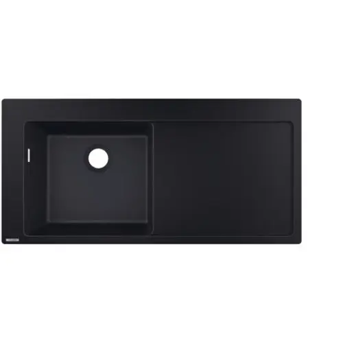 Einbauspüle von Hansgrohe in Graphitschwarz mit einer großen Abtropffläche rechts und einem Spülbecken auf der linken Seite.